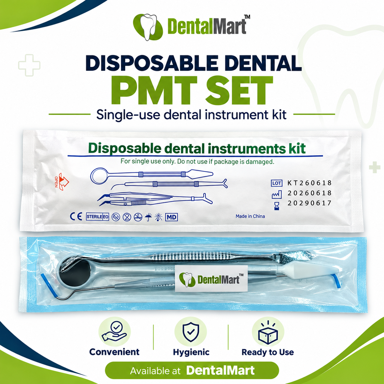 DentalMart sterile disposable PMT kit with mirror, probe and forceps